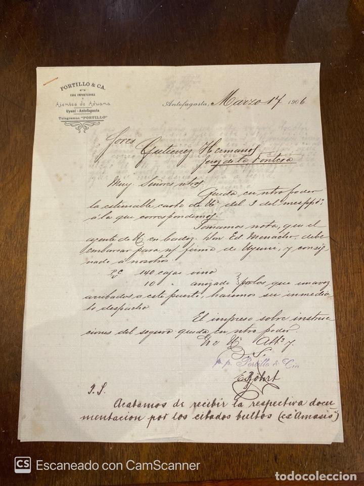 Cartas comerciales: CARTA COMERCIAL. PORTILLO & CA. ANTOFAGASTA-CHILE, 1906. DIRIGIDA A GUTIERREZ HNOS., JEREZ