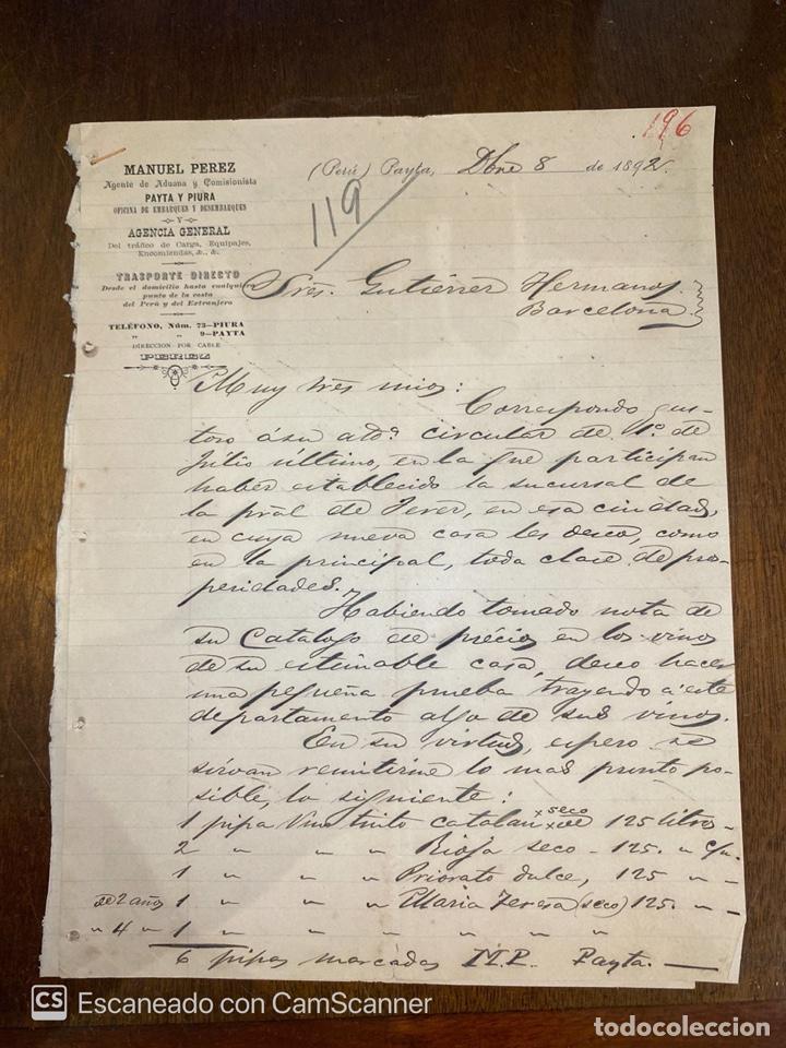 Cartas comerciales: CARTA COMERCIAL. MANUEL PEREZ. PAYTA-PERU, 1892. DIRIGIDA A GUTIERREZ HNOS., BARCELONA