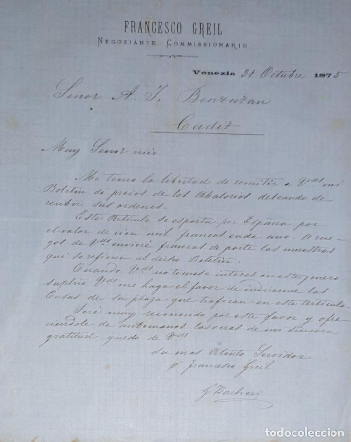 Cartas comerciales: Carta comercial. Francesco Greil. Negoziante Commissionario. Venezia 1875