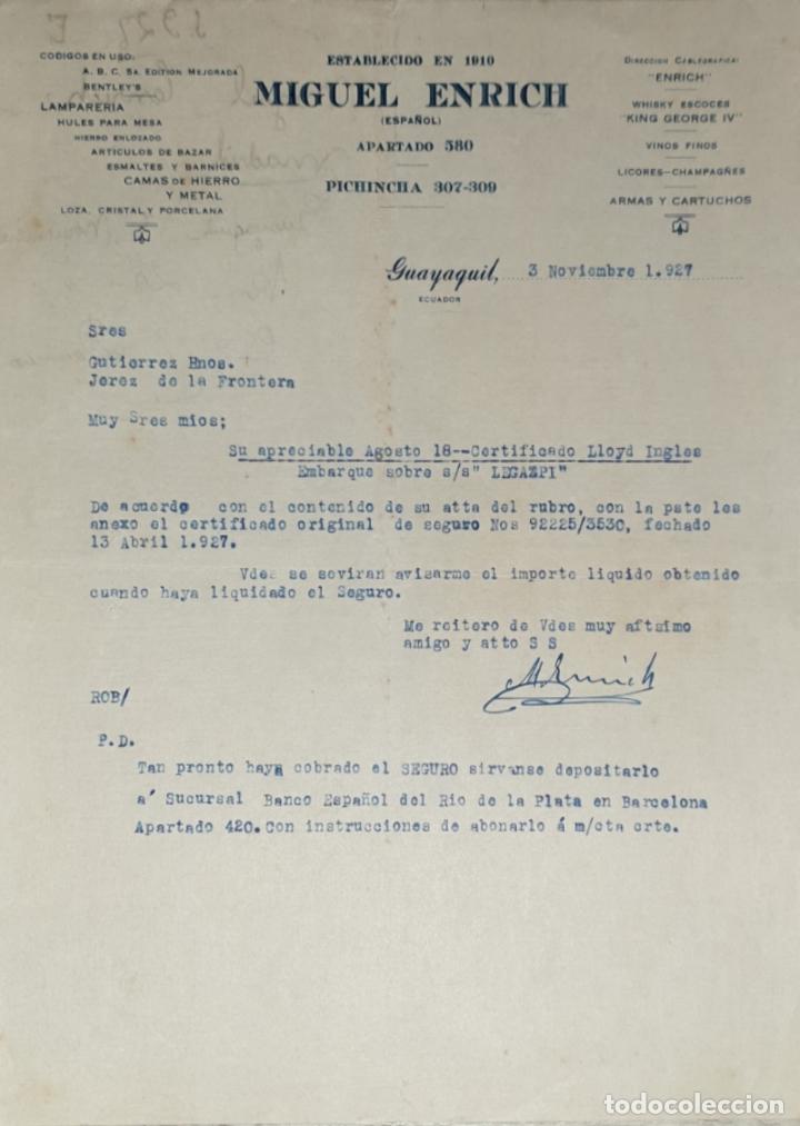 Lettres commerciales: Carta comercial. Miguel Enrich. Establecido en 1910. Guayaquil. Ecuador 1927