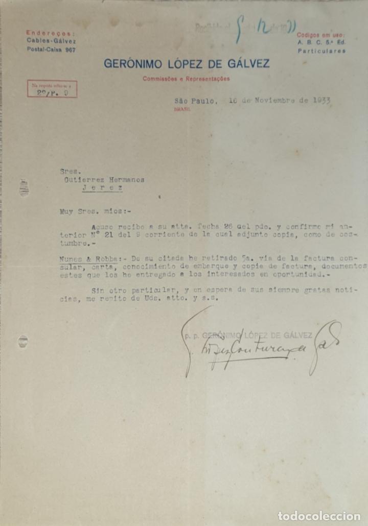Lettres commerciales: Carta comercial. Ger&oacute;nimo L&oacute;pez de G&aacute;lvez. Comisiones y Representaciones. Sao Paulo 1933