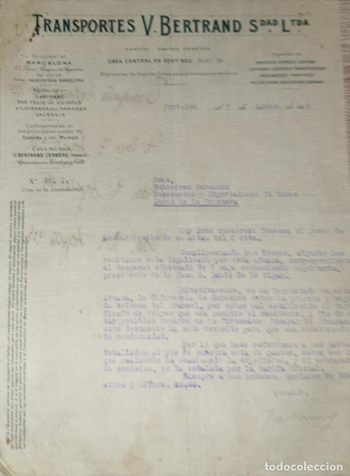 Lettres commerciales: Carta comercial. Transportes V. Bertrand S.L.  Propietarios cubas transporte vinos. Port-Bou 1929