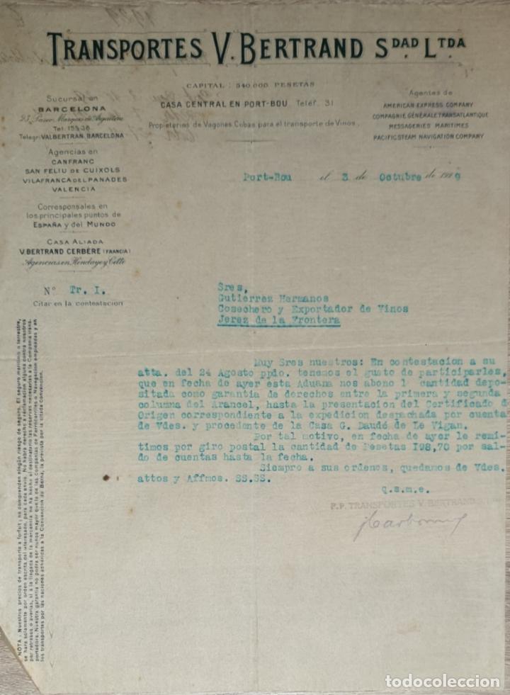 Lettres commerciales: Carta comercial. Transportes V. Bertrand S.L.  Propietarios cubas transporte vinos. Port-Bou 1929