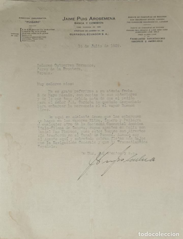 Lettres commerciales: Carta comercial. Jaime Puig Arosemena. Banca y Comisi&oacute;n. Ecuador 1929