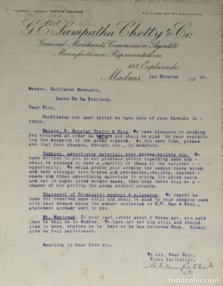 Lettres commerciales: carta comercial. G. E. Sampathu Chetty & C&ordm;. General Merchants. Madras 1915