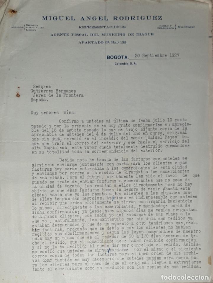 Lettres commerciales: Carta comercial. Miguel Angel Rodriguez. Agente Fiscal del Municipio de Ibague. Bogota 1927