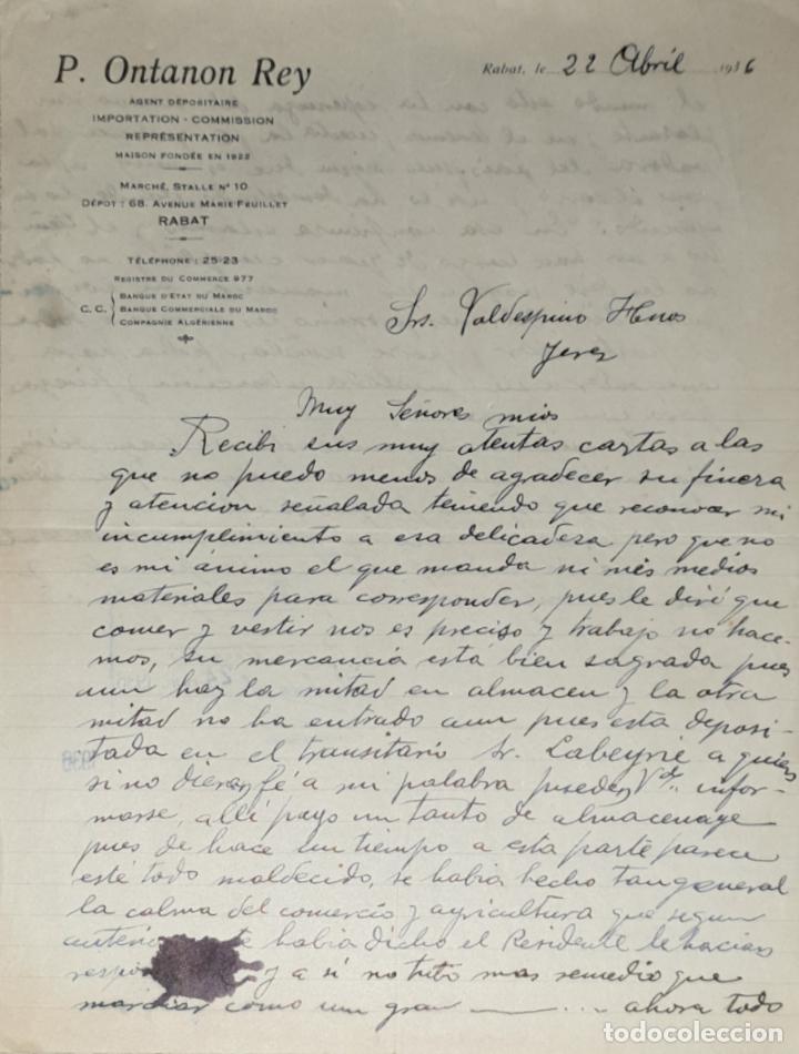 Lettres commerciales: Carta comercial. P. Ontanon Rey. Agent D&eacute;positaire. Rabat 1936