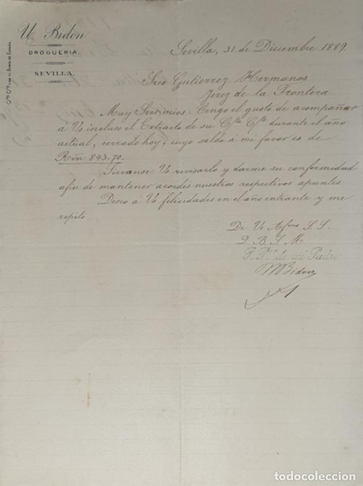 Cartas comerciales: Carta comercial. U. Bidon. Droguer&iacute;a. Sevilla 1889
