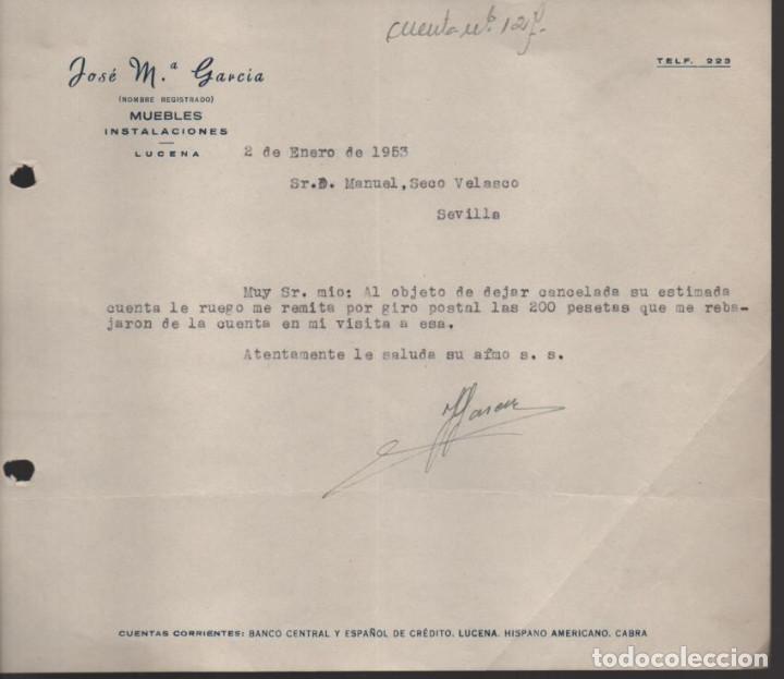 Cartas comerciales: LUCENA- CORDOBA-- MUEBLES INSTALACION. A&Ntilde;O 1952-VER FOTOS