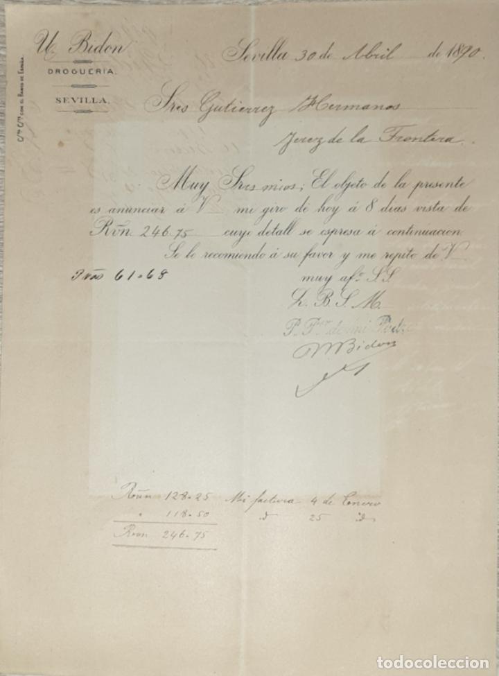 Lettres commerciales: Carta comercial. U. Bidon. Droguer&iacute;a. Sevilla 1890