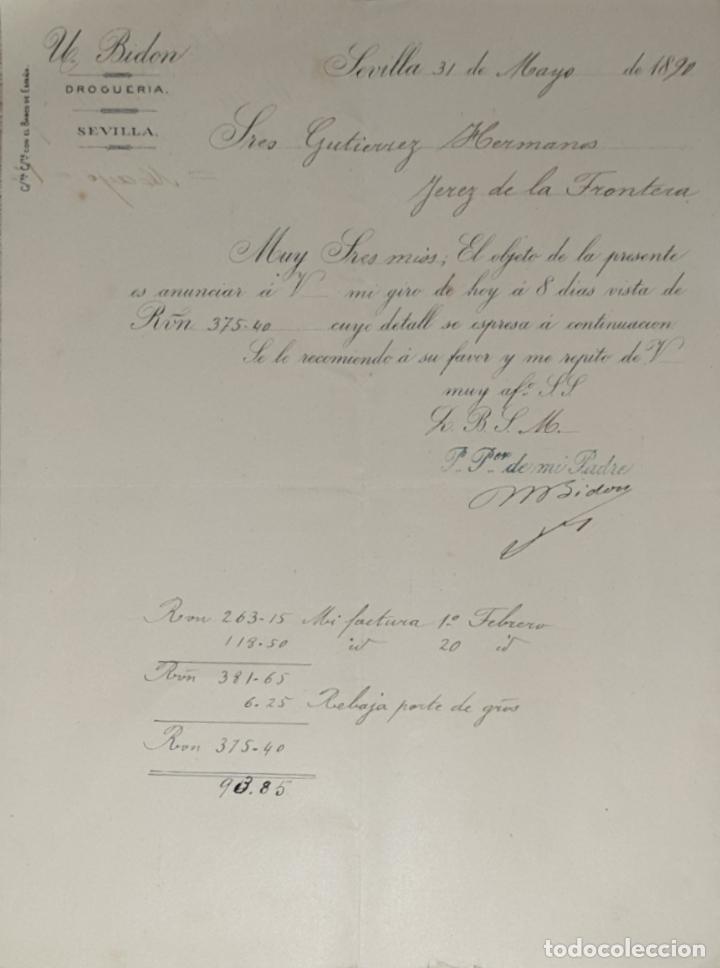 Lettres commerciales: Carta comercial. U. Bidon. Droguer&iacute;a. Sevilla 1890