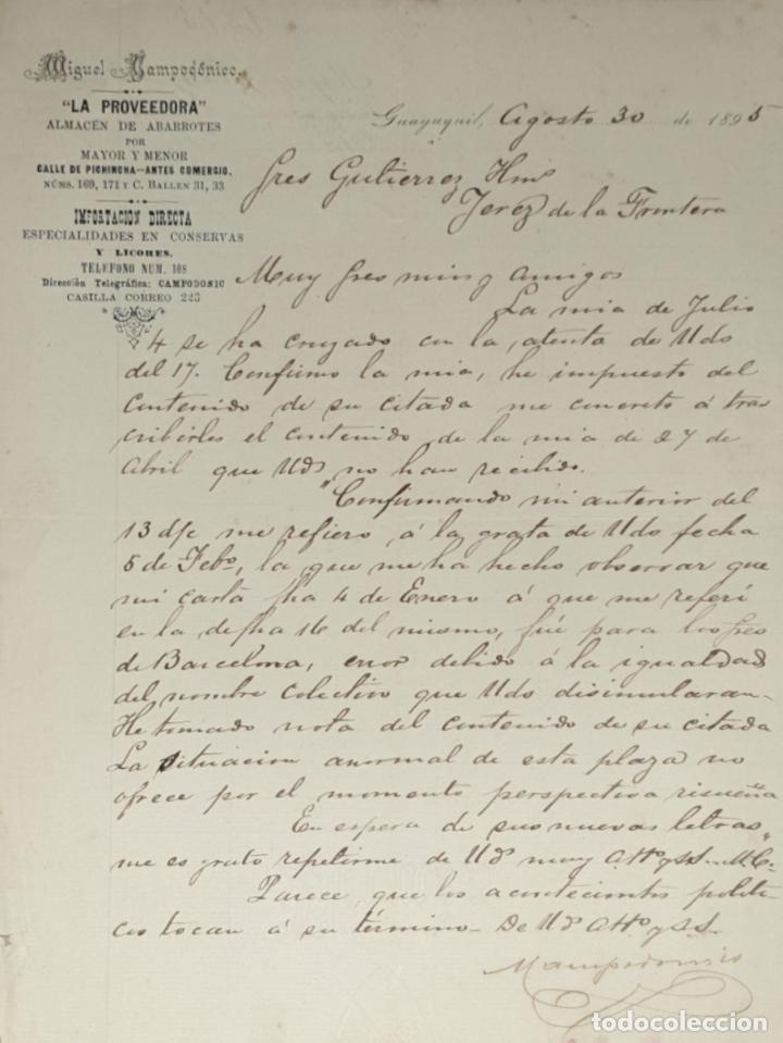 Lettres commerciales: Carta comercial. Miguel Campod&oacute;nico. La Proveedora. Almac&eacute;n de Abarrotes. Guayaquil. 1895
