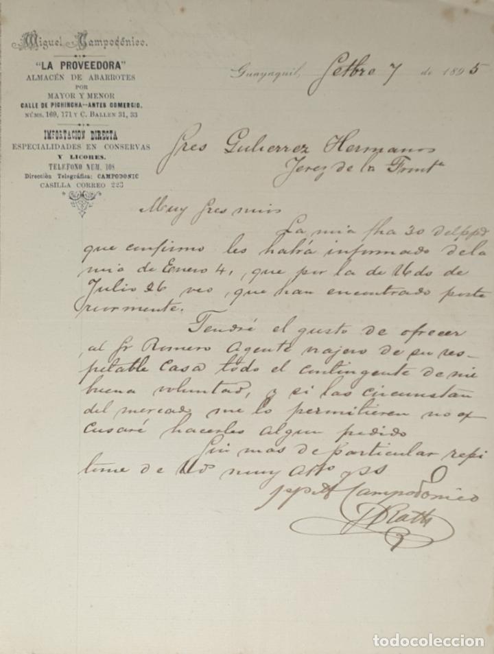 Lettres commerciales: Carta comercial. Miguel Campod&oacute;nico. La Proveedora. Almac&eacute;n de Abarrotes. Guayaquil. 1895