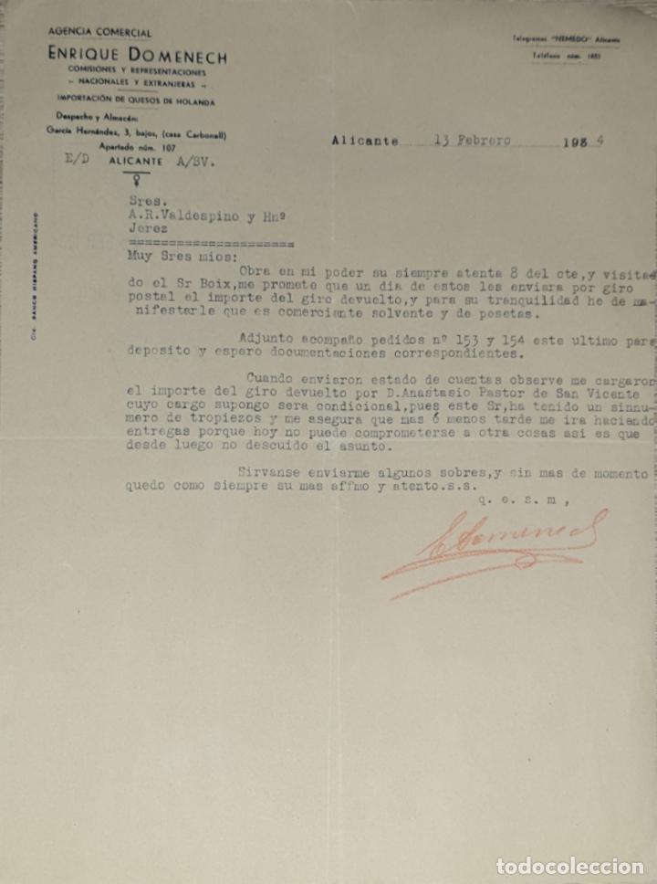 Lettres commerciales: Carta comercial. Enrique Domenech. Comisiones y Representaciones. Alicante 1934