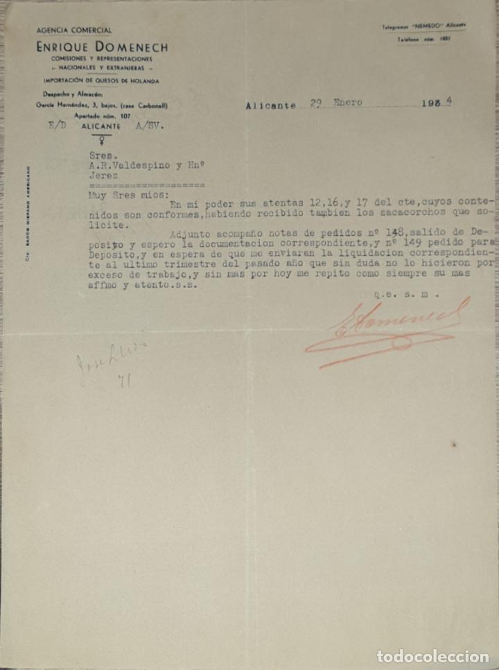 Lettres commerciales: Carta comercial. Enrique Domenech. Comisiones y Representaciones. Alicante 1934