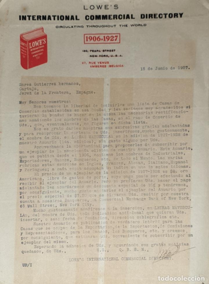 Lettres commerciales: carta comercial. Lowe&acute;s. International Commercial Directory. B&eacute;lgica 1927