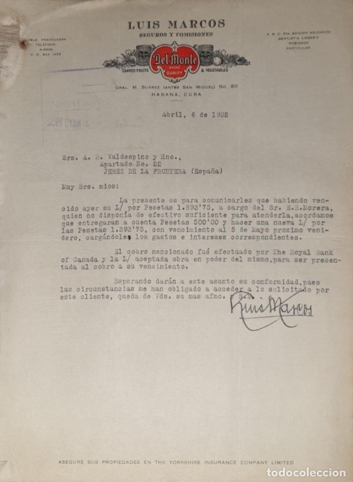 Lettres commerciales: Carta comercial. Luis Marcos. Del Monte. Seguros y Comisiones. Habana. Cuba 1932