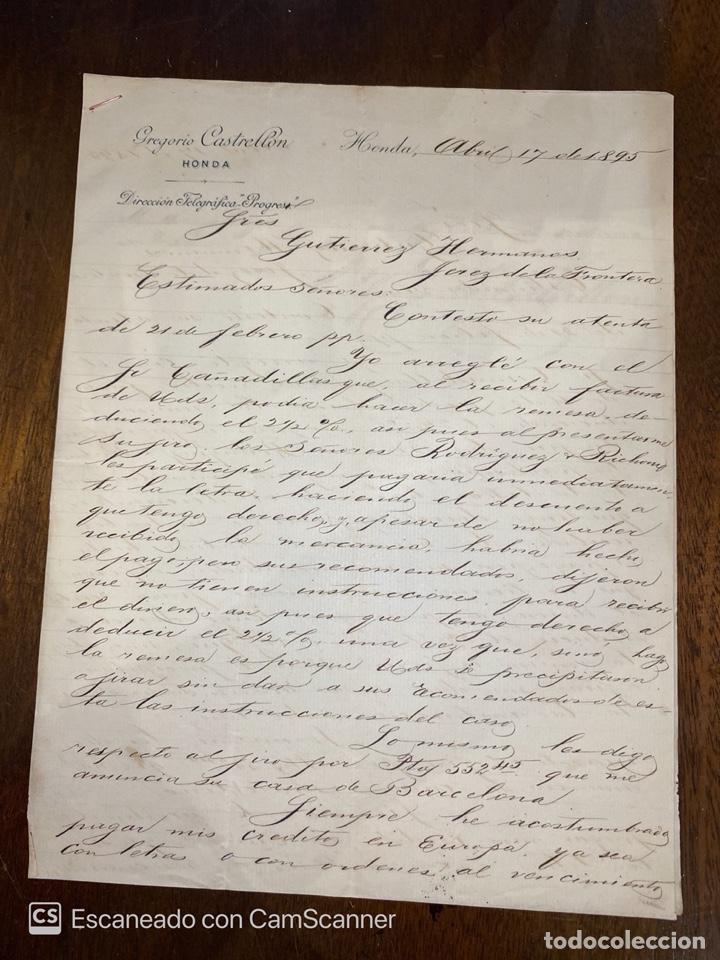 Cartas comerciales: CARTA COMERCIAL. GREGORIO CASTRELLON.HONDA-COLOMBIA,1895 . DIRIGIDA A GUTIERREZ HNOS, JEREZ. VER