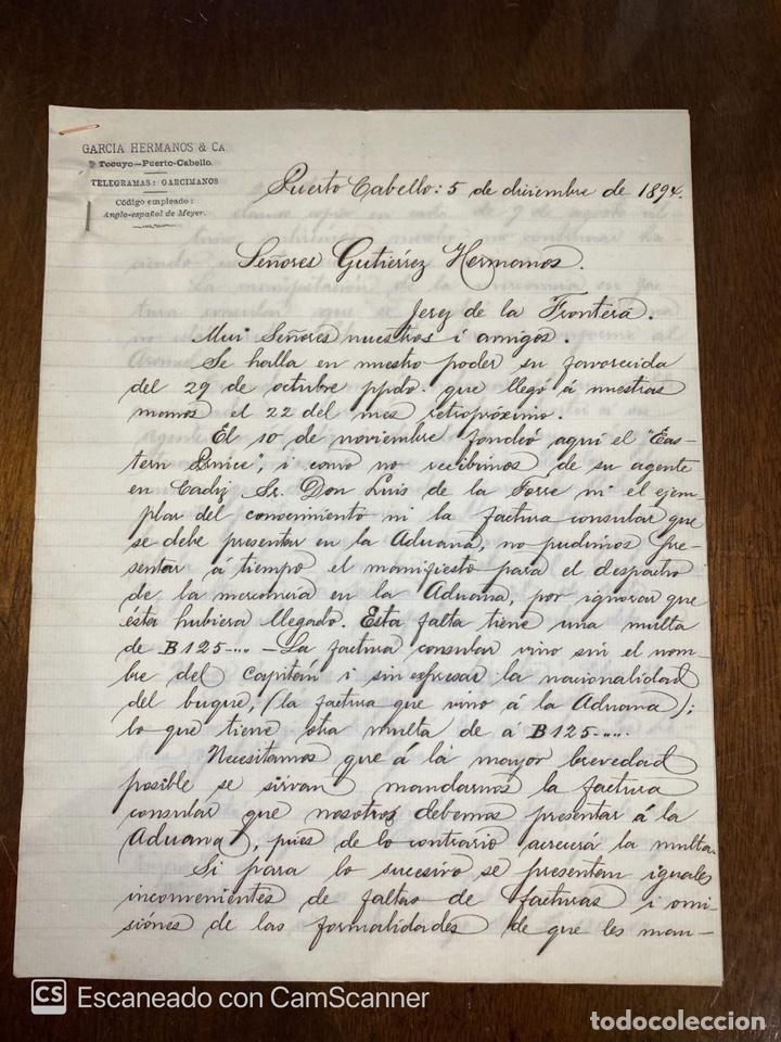 Lettres commerciales: CARTA COMERCIAL.GARCIA HERMANOS & CA. PUERTO CABELLO-VENEZUELA,1894.DIRIGIDA A GUTIERREZ HNOS, JEREZ