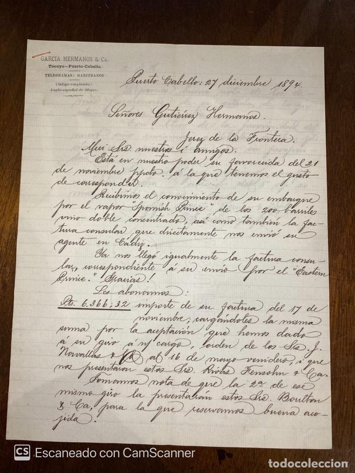 Lettres commerciales: CARTA COMERCIAL.GARCIA HERMANOS & CA. PUERTO CABELLO-VENEZUELA,1894.DIRIGIDA A GUTIERREZ HNOS, JEREZ