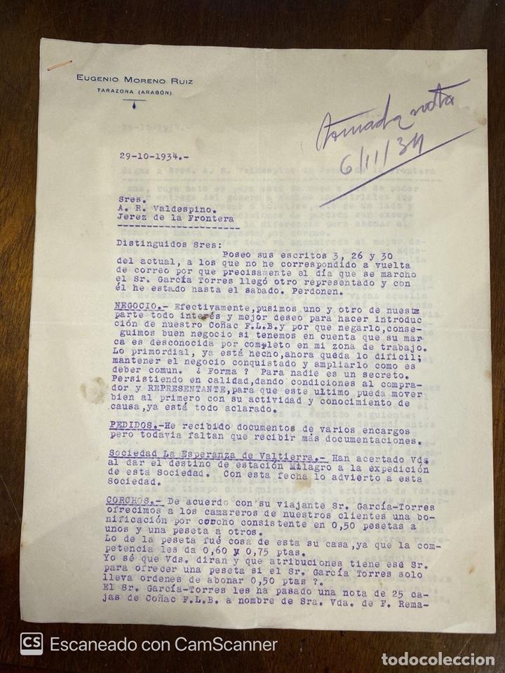 Gesch&auml;ftsbriefe: CARTA COMERCIAL.EUGENIO MORENO RUIZ. TARAZONA-ARAG&Oacute;N, 1934. DIRIGIDA A A.R. VALDESPINO, JEREZ.