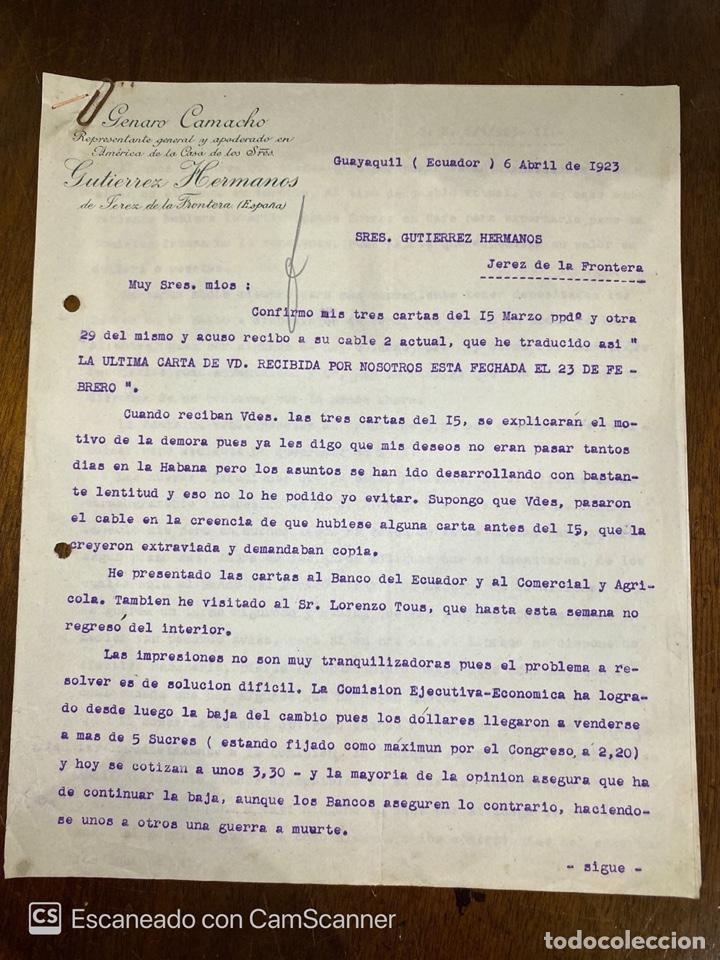 Lettres commerciales: CARTA COMERCIAL. GENARO CAMACHO. GUAYAQUIL-ECUADOR, 1923. DIRIGIDA A GUTIERREZ HNOS., JEREZ.