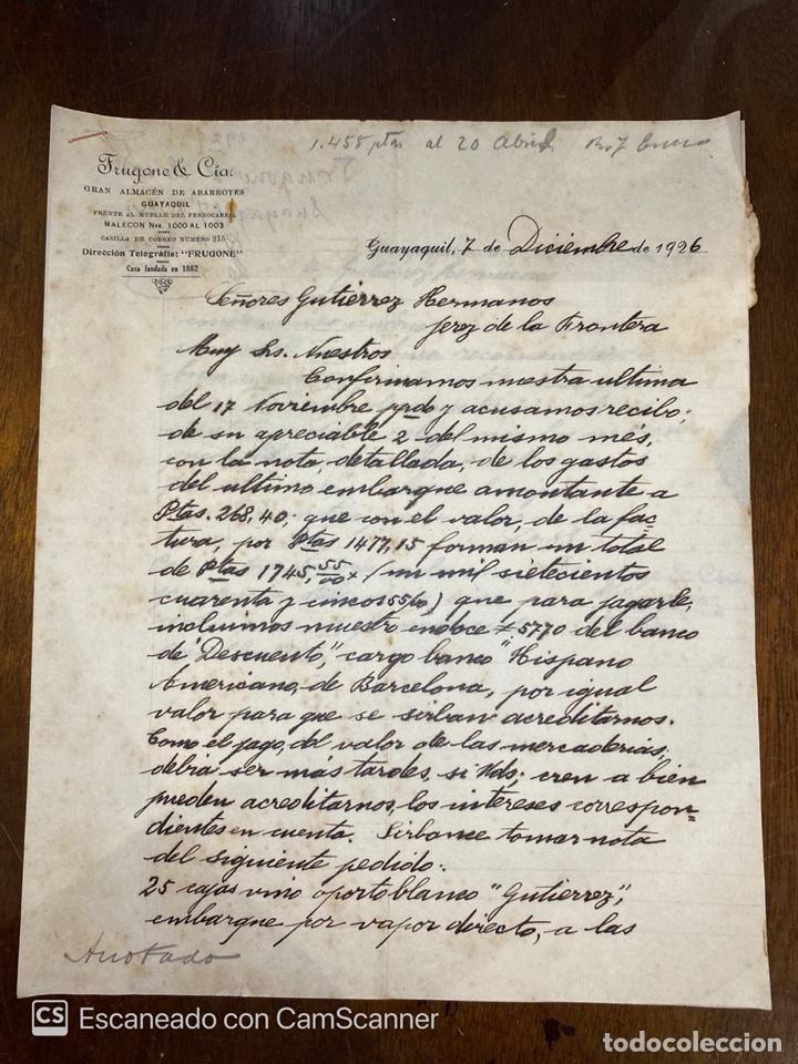 Lettres commerciales: CARTA COMERCIAL. FRUGONE & CIA. GUAYAQUIL-ECUADOR, 1926. DIRIGIDA A GUTIERREZ HNOS., JEREZ.