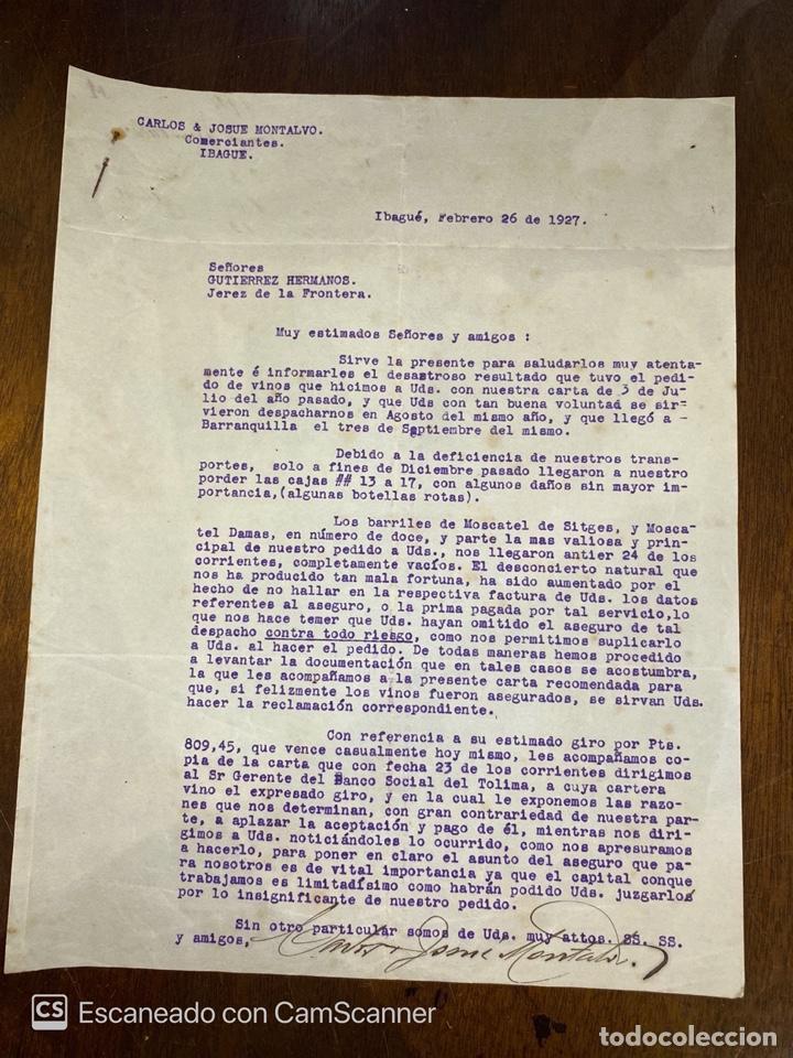 Lettres commerciales: CARTA COMERCIAL. CARLOS & JOSUE MONTALVO. IBAGU&Eacute;-COLOMBIA,1927. DIRIGIDA A GUTIERREZ HNOS., JEREZ