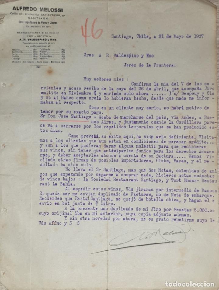 Lettres commerciales: Carta comercial. Alfredo Melossi. Arrendatario. CAsa importadora de vinos y licores. Santiago 1927