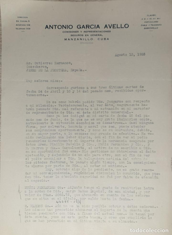 Lettres commerciales: Carta comercial. Antonio Garc&iacute;a Avello. Comisiones. Seguros en general. Manzanillo. Cuba 1925