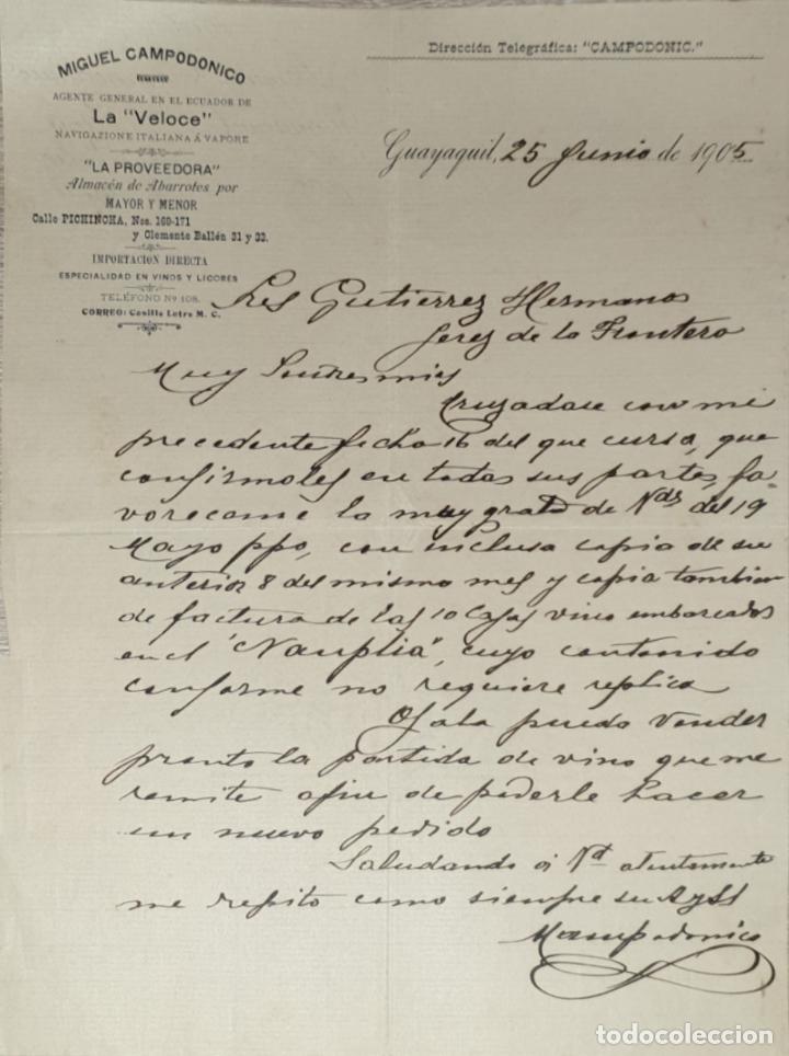 Lettres commerciales: Carta comercial. Miguel Campod&oacute;nico. La Proveedora. Almac&eacute;n de Abarrotes. Guayaquil. 1905
