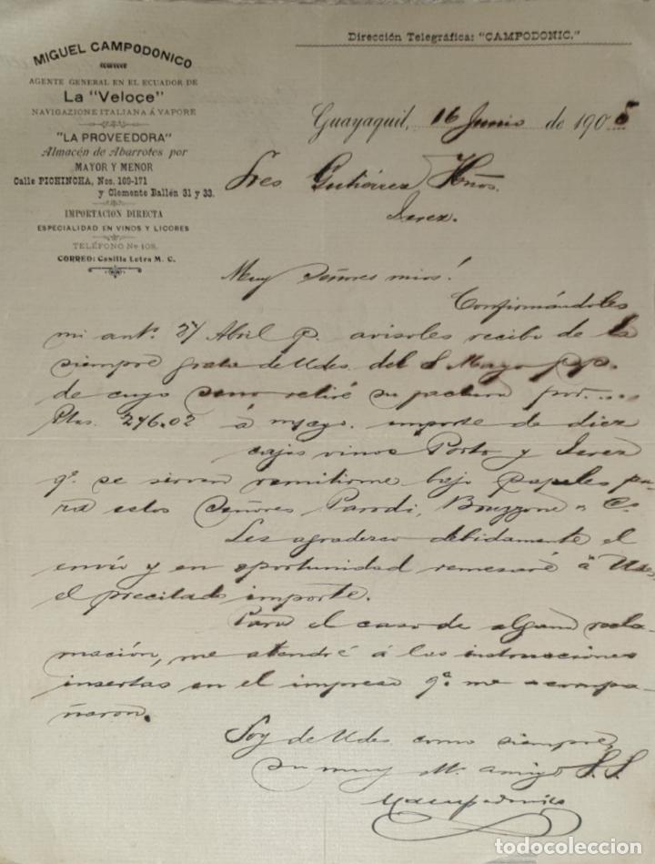 Lettres commerciales: Carta comercial. Miguel Campod&oacute;nico. La Proveedora. Almac&eacute;n de Abarrotes. Guayaquil. 1905