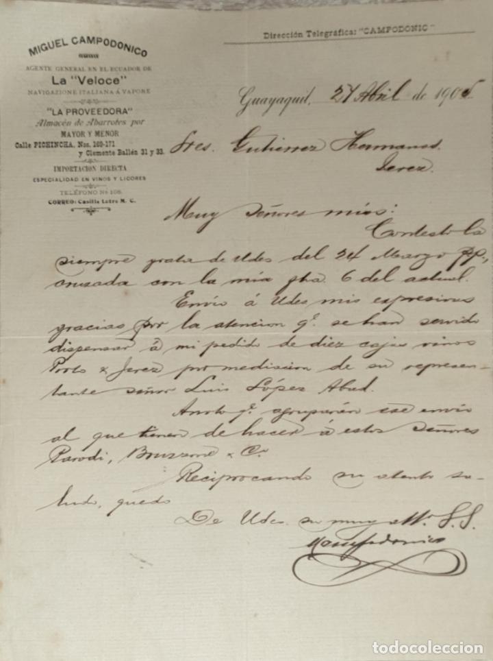 Lettres commerciales: Carta comercial. Miguel Campod&oacute;nico. La Proveedora. Almac&eacute;n de Abarrotes. Guayaquil. 1905