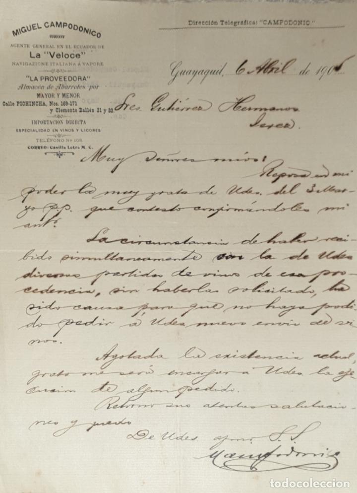 Lettres commerciales: Carta comercial. Miguel Campod&oacute;nico. La Proveedora. Almac&eacute;n de Abarrotes. Guayaquil. 1905