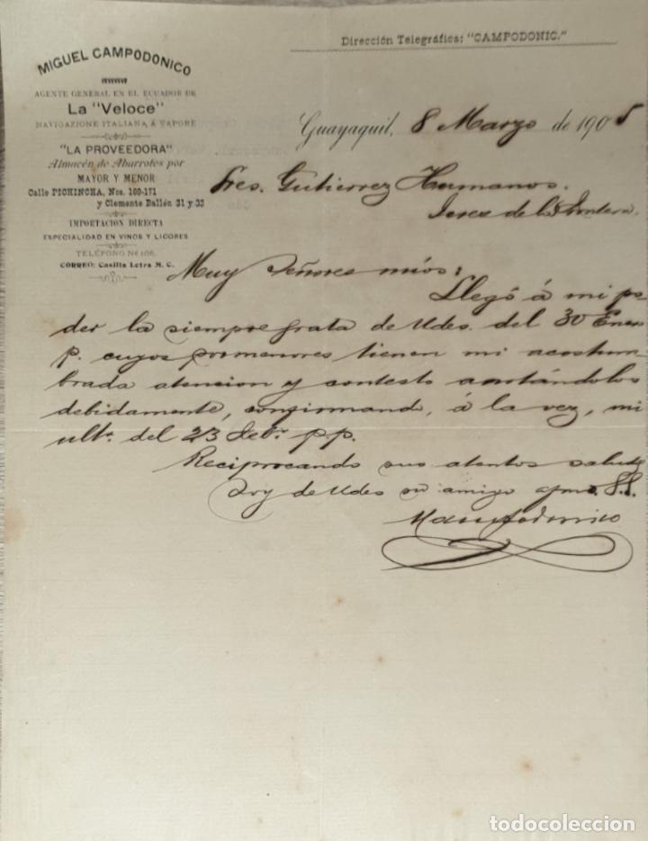 Lettres commerciales: Carta comercial. Miguel Campod&oacute;nico. La Proveedora. Almac&eacute;n de Abarrotes. Guayaquil. 1905
