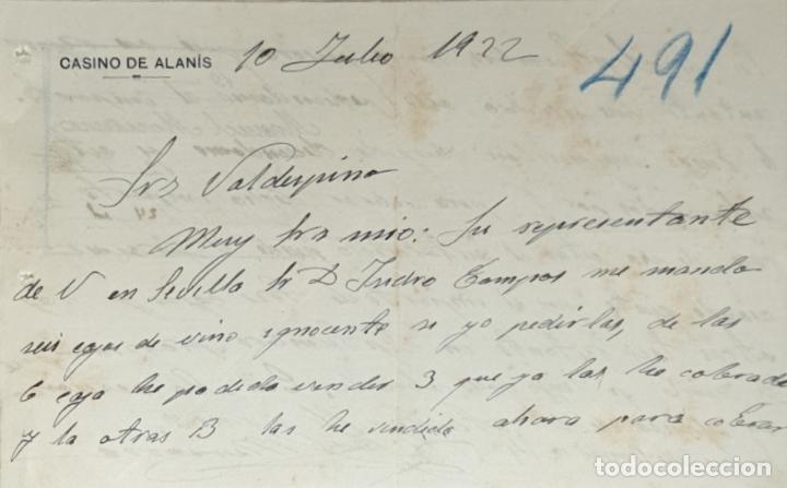 Lettres commerciales: carta comercial. Casino de Alan&iacute;s. 1922