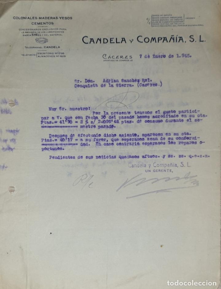 Lettres commerciales: Carta comercial. Candela y Compa&ntilde;&iacute;a S.L. Coloniales-Maderas-Yesos-Cementos. C&aacute;ceres 1945
