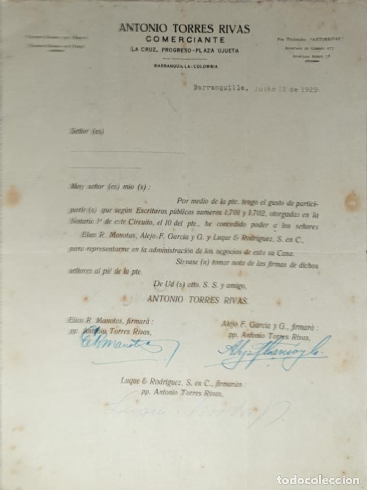 Lettres commerciales: Carta comercial. Antonio Torres Rivas. Comerciante. Barranquilla 1929