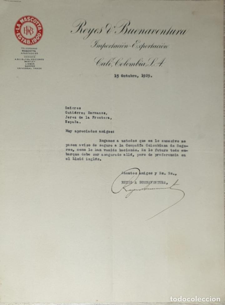 Lettres commerciales: Carta comercial. Reyes & Buenaventura. Importaci&oacute;n- Exportaci&oacute;n. Cali. Colombia 1929
