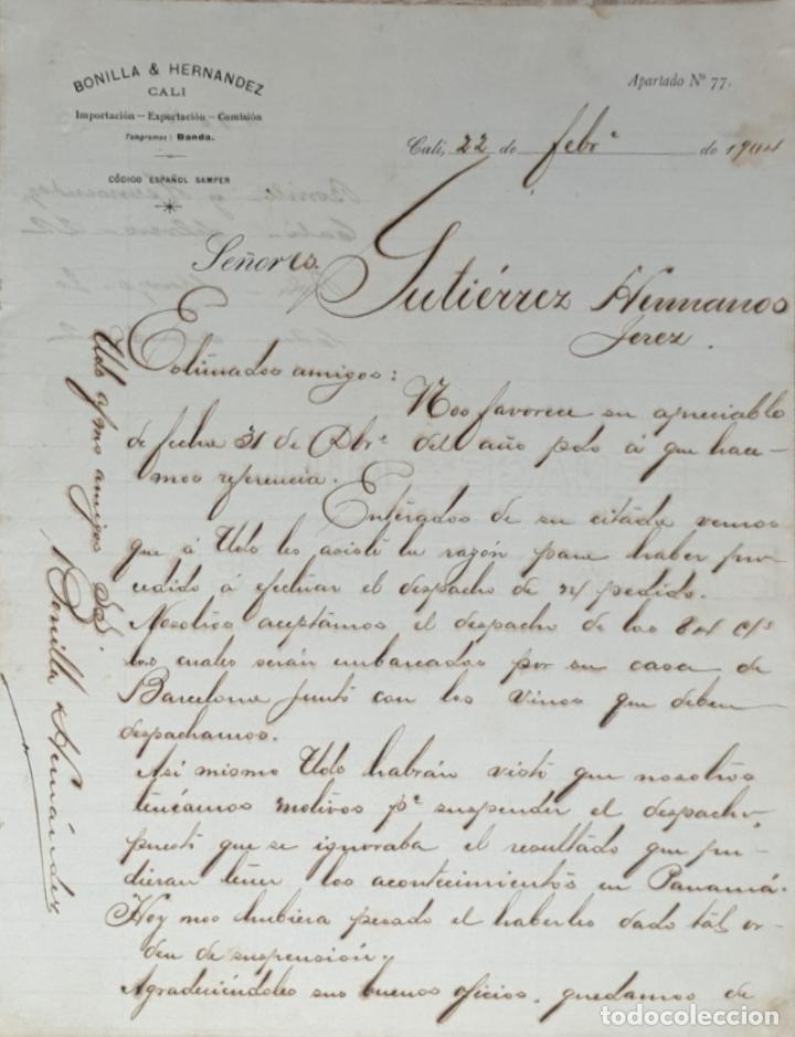 Lettres commerciales: Carta comercial. Bonilla & Hernandez. Importaci&oacute;n-Exportaci&oacute;n. Cali 1904