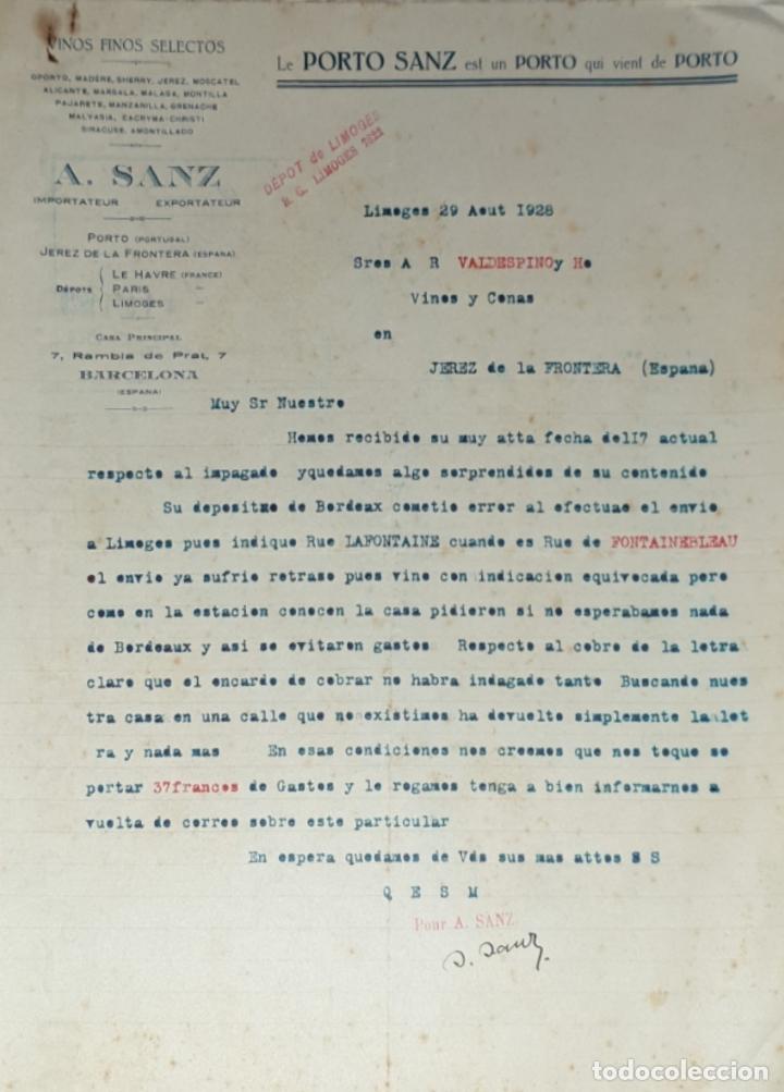 Lettres commerciales: Carta comercial. A. Sanz. Importadores-Exportadores de vinos finos selectos. Limoges 1928