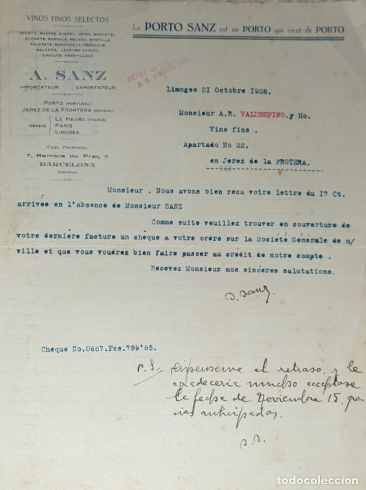Lettres commerciales: Carta comercial. A. Sanz. Importadores-Exportadores de vinos finos selectos. Limoges 1928