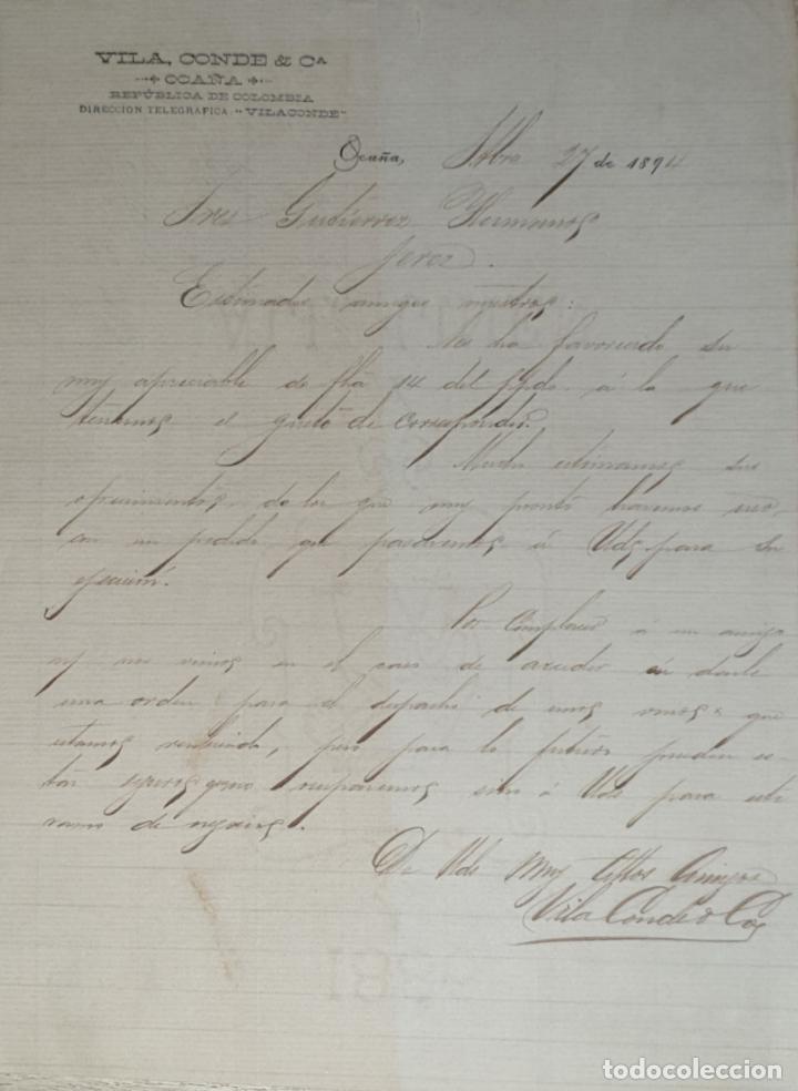 Lettres commerciales: carta comercial. Vila Conde & C&ordf;. Oca&ntilde;a. Rep&uacute;blica de Colombia 1894