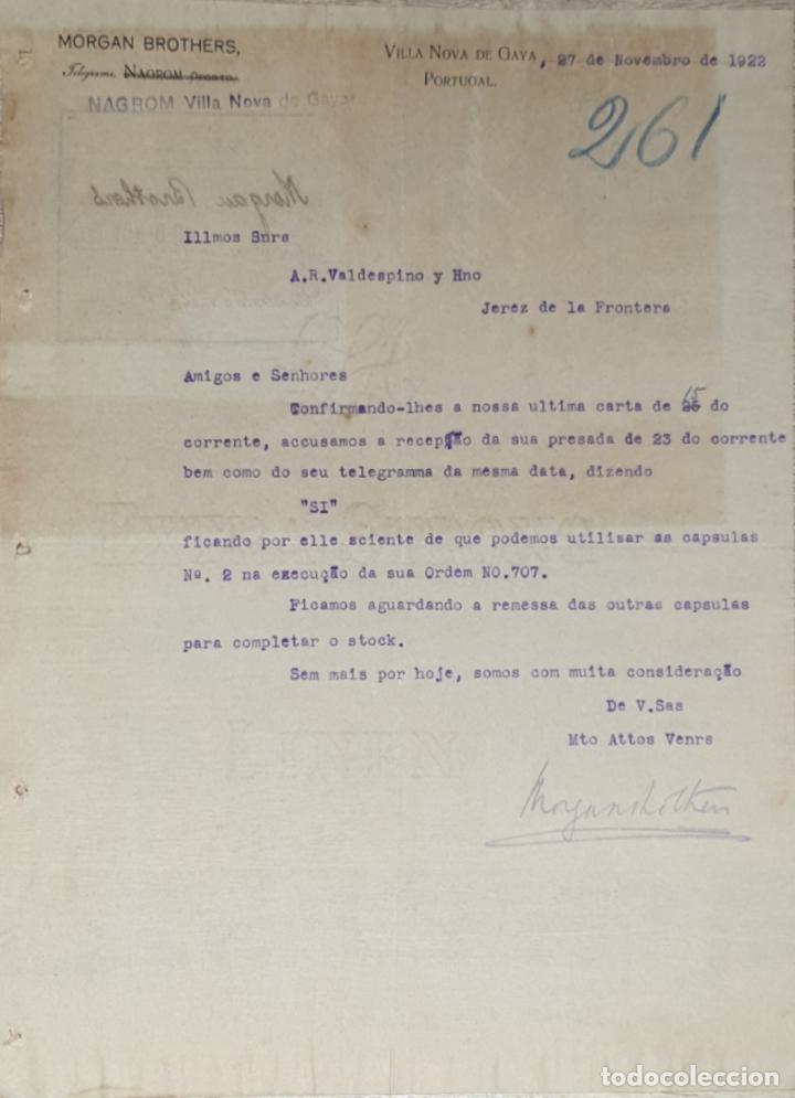Lettres commerciales: Carta comercial. Morgan Brothers. Villa Nova de GAya. Portugal. 1922
