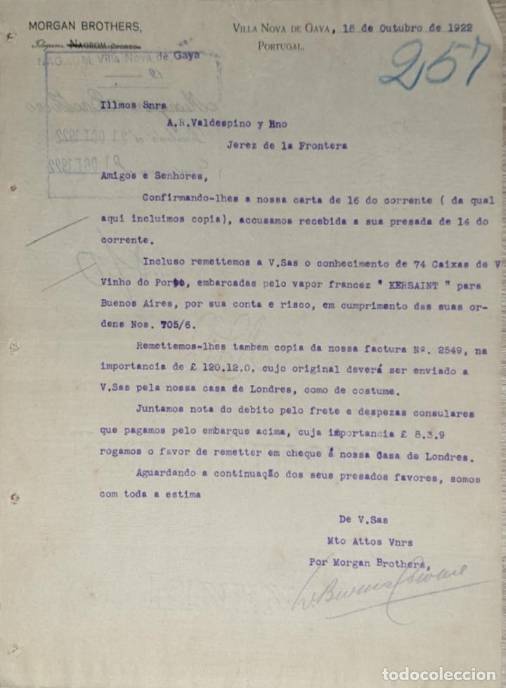 Lettres commerciales: Carta comercial. Morgan Brothers. Villa Nova de GAya. Portugal. 1922