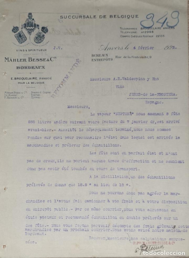Cartas comerciales: Carta comercial. M&auml;hler Besse & C&iacute;e. Succursale de Belgique. Vins & Spiritueux. Anvers 1922