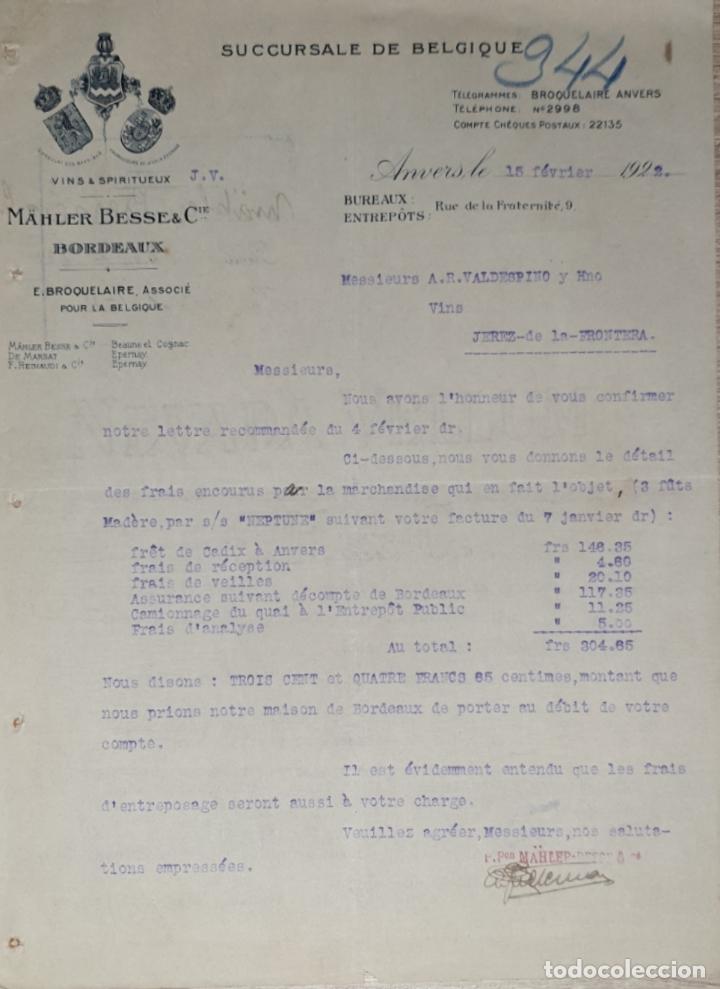 Lettres commerciales: Carta comercial. M&auml;hler Besse & C&iacute;e. Succursale de Belgique. Vins & Spiritueux. Anvers 1922