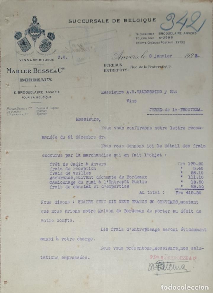 Lettres commerciales: Carta comercial. M&auml;hler Besse & C&iacute;e. Succursale de Belgique. Vins & Spiritueux. Anvers 1922