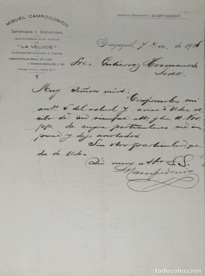 Lettres commerciales: Carta comercial. Miguel Campod&oacute;nico. La Proveedora. Almac&eacute;n de Abarrotes. Guayaquil. 1905