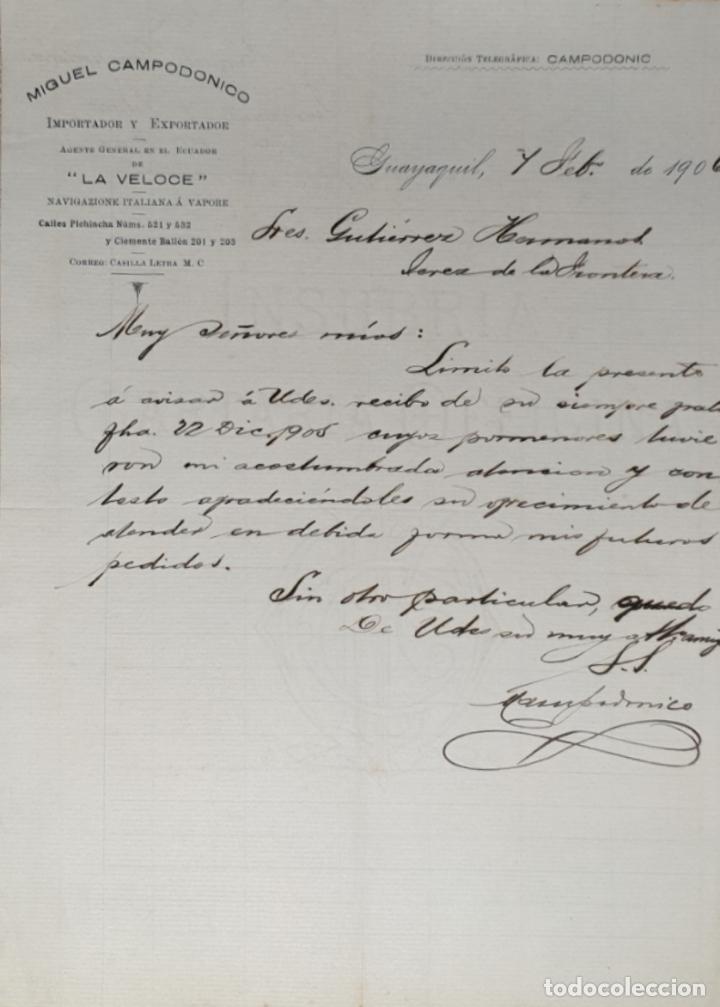 Lettres commerciales: Carta comercial. Miguel Campod&oacute;nico. La Proveedora. Almac&eacute;n de Abarrotes. Guayaquil. 1906